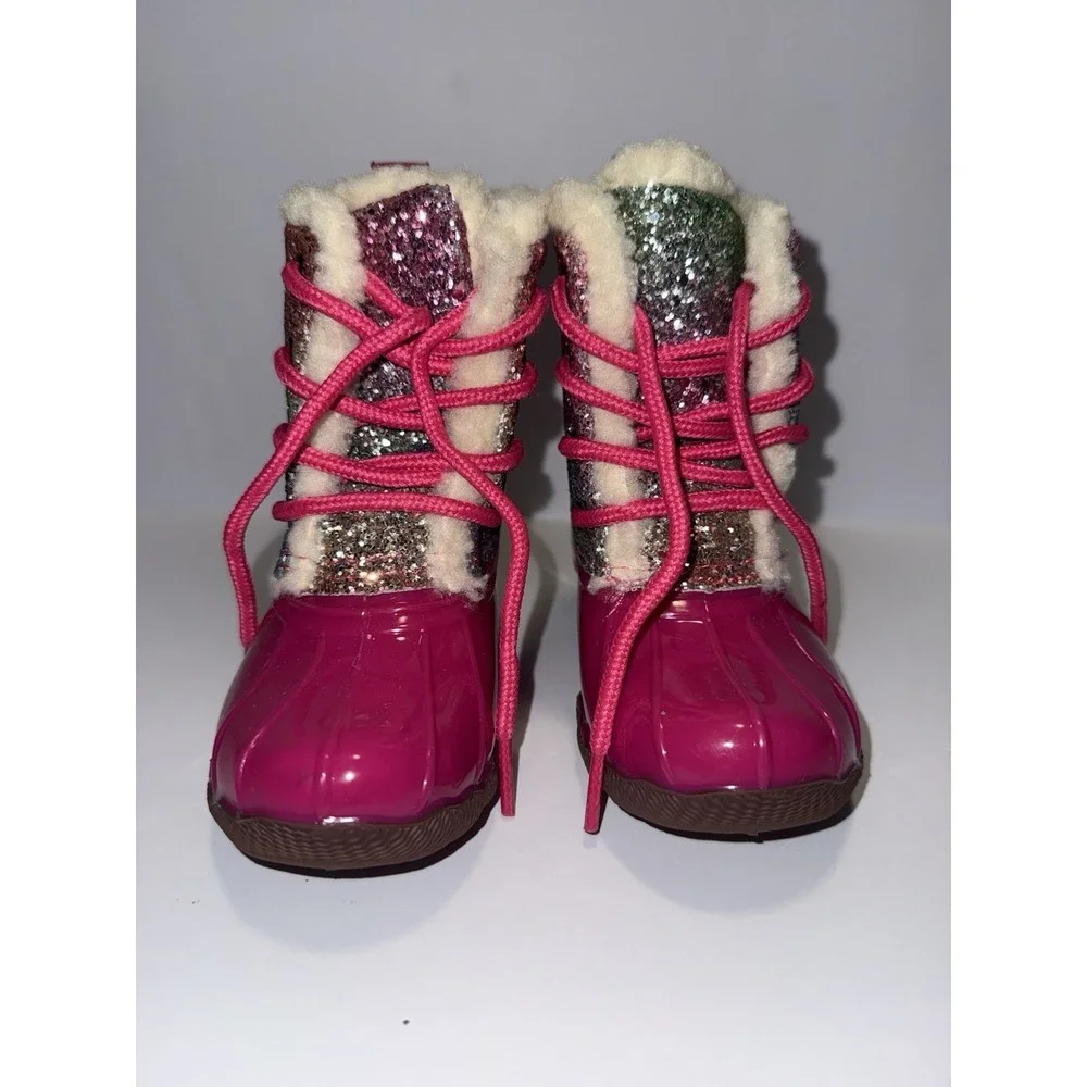 Adrienne Vittadini Bambini Girls Rain Boots 7 Fuchsia Pink Glitter Fur Snow NEW